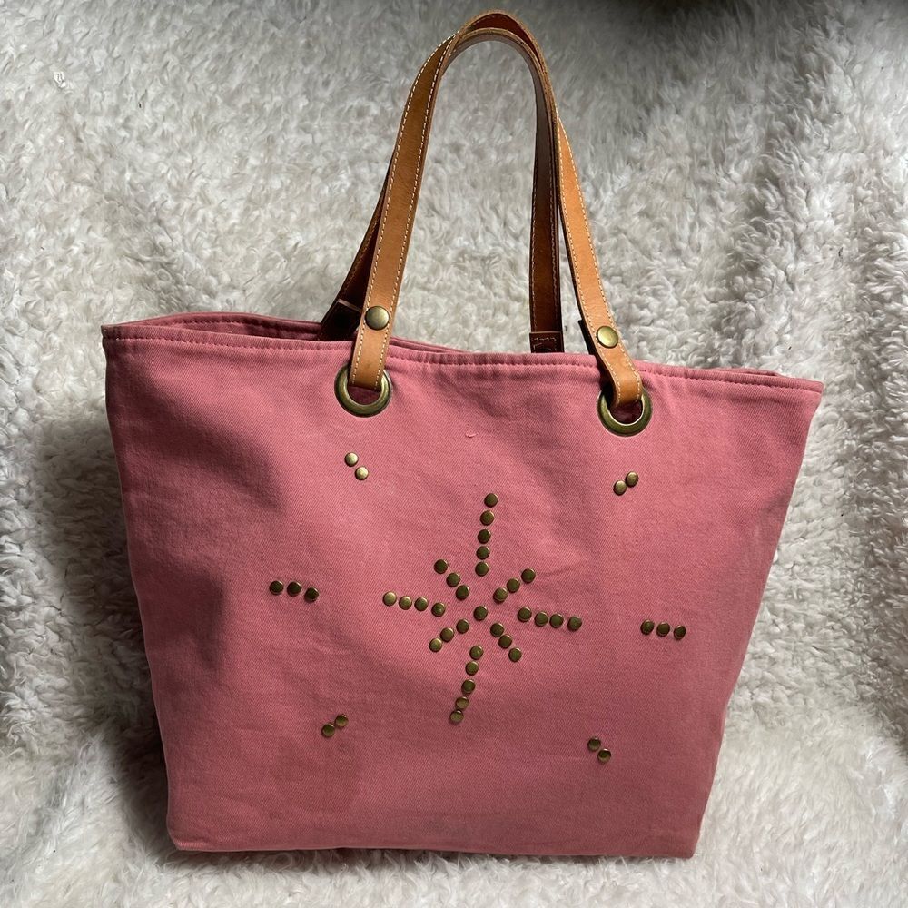 Ivahona Handmade Rustic Pink Canvas Tote Leather tan straps antique studs accent